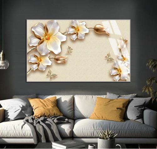 Krem - Gold Çiçekli Model 01 Çerçeveli Temperli Cam Tablo Tekli Yatay