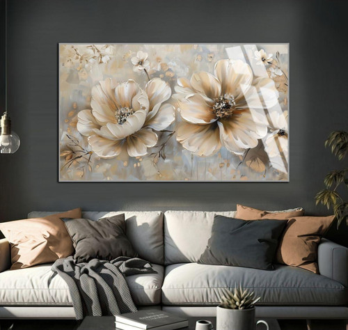 Krem - Gri Soyut Çiçek Desenli Model Çerçeveli Temperli Cam Tablo Tekli Yatay