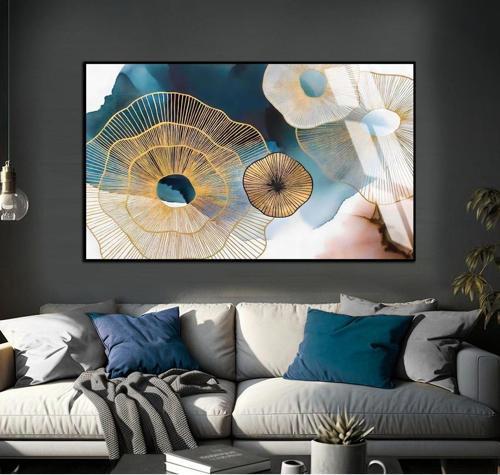 Lacivert - Gold Soyut Desenli Modeli Çerçeveli Temperli Cam Tablo Tekli Yatay