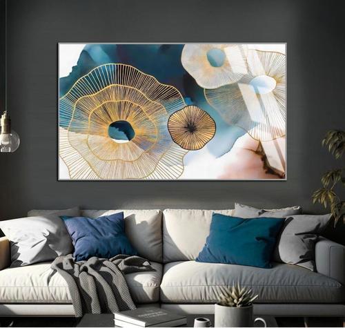 Lacivert - Gold Soyut Desenli Modeli Çerçeveli Temperli Cam Tablo Tekli Yatay