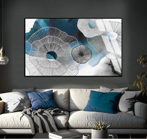 Lacivert - Gümüş Soyut Desenli Model Çerçeveli Temperli Cam Tablo Tekli Yatay