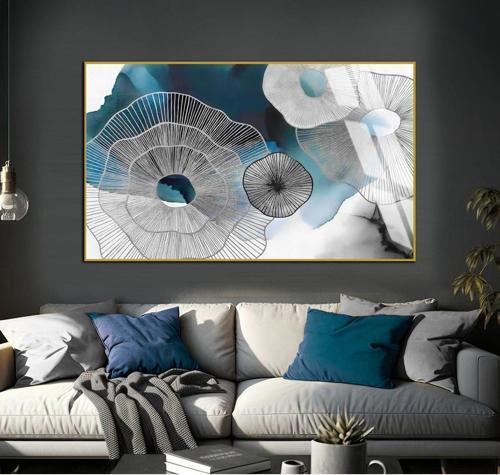 Lacivert - Gümüş Soyut Desenli Model Çerçeveli Temperli Cam Tablo Tekli Yatay
