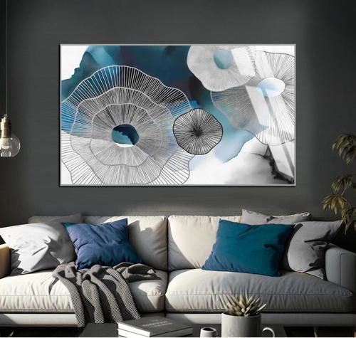 Lacivert - Gümüş Soyut Desenli Model Çerçeveli Temperli Cam Tablo Tekli Yatay