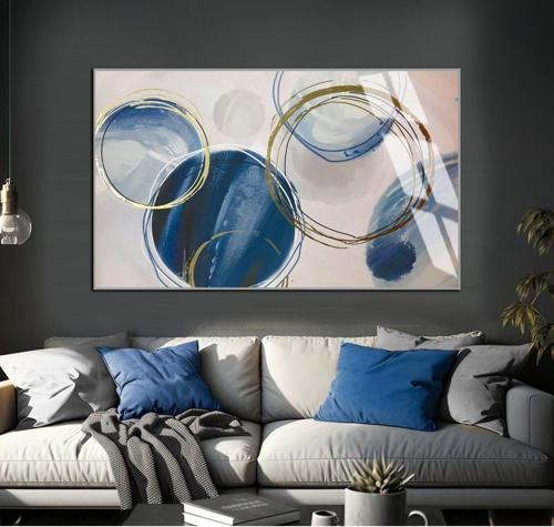 Mavi - Gold Geometrik Şekiller Soyut Model Çerçeveli Temperli Cam Tablo Tekli Yatay