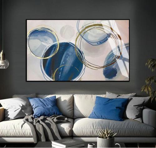 Mavi - Gold Geometrik Şekiller Soyut Model Çerçeveli Temperli Cam Tablo Tekli Yatay