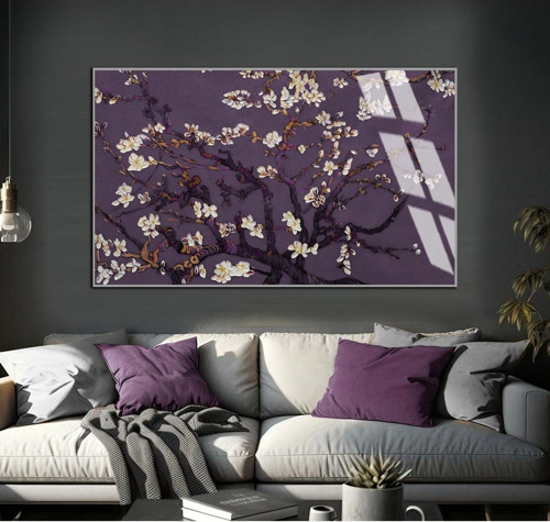 Mürdüm - Gri Çiçekli Dallar Modeli Çerçeveli Temperli Cam Tablo Tekli Yatay