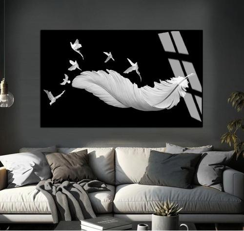 Siyah - Beyaz Kuş Detaylı Tüy Modeli 02 Çerçeveli Temperli Cam Tablo Tekli Yatay
