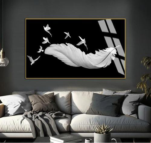 Siyah - Beyaz Kuş Detaylı Tüy Modeli 02 Çerçeveli Temperli Cam Tablo Tekli Yatay