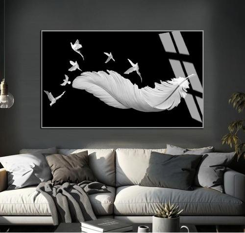Siyah - Beyaz Kuş Detaylı Tüy Modeli 02 Çerçeveli Temperli Cam Tablo Tekli Yatay