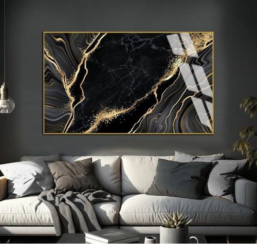 Siyah - Gold Marble Desen Soyut Modeli Çerçeveli Temperli Cam Tablo Tekli Yatay
