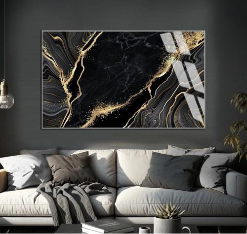 Siyah - Gold Marble Desen Soyut Modeli Çerçeveli Temperli Cam Tablo Tekli Yatay