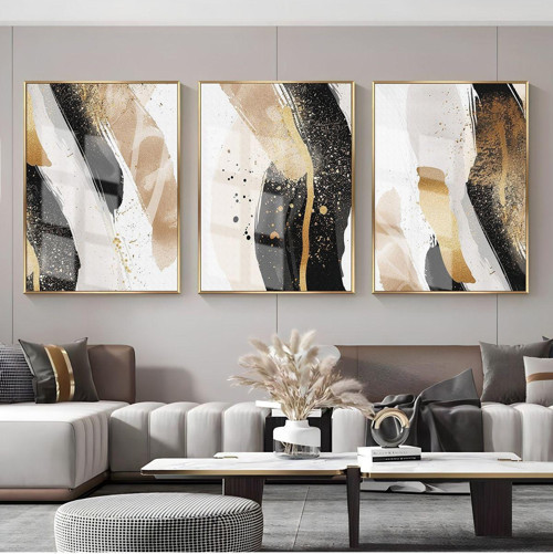 Siyah - Gold Soyut Desenler Kombini Çerçeveli Cam Tablo 3'Lü Dikey