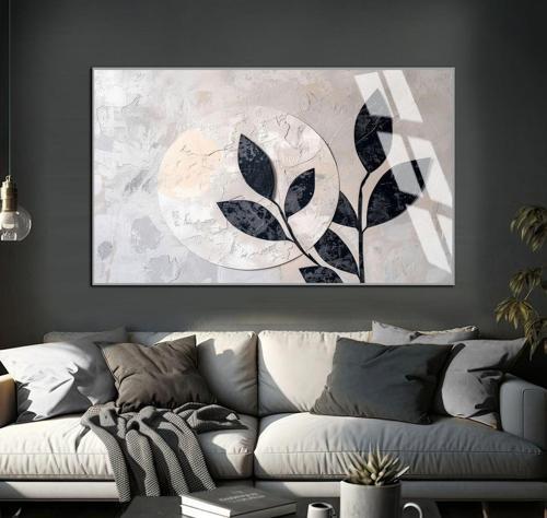 Soft Bej Soyut Yaprak Deseni Çerçeveli Temperli Cam Tablo Tekli Yatay