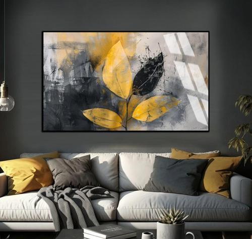 Siyah - Sarı Yapak Detaylı Model 01 Çerçeveli Temperli Cam Tablo Tekli Yatay