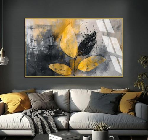 Siyah - Sarı Yapak Detaylı Model 01 Çerçeveli Temperli Cam Tablo Tekli Yatay