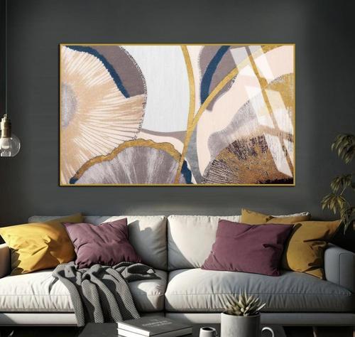 Soft Krem - Gold Soyut Şekilli Modeli Çerçeveli Temperli Cam Tablo Tekli Yatay