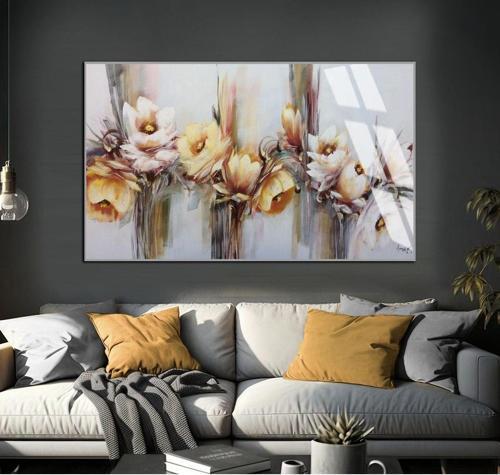 Soft Gri - Turuncu Çiçek Desenli Model 01 Çerçeveli Temperli Cam Tablo Tekli Yatay