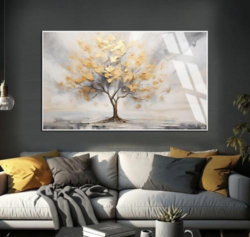 Soft Beyaz - Gold Ağaç Modeli Çerçeveli Temperli Cam Tablo Tekli Yatay