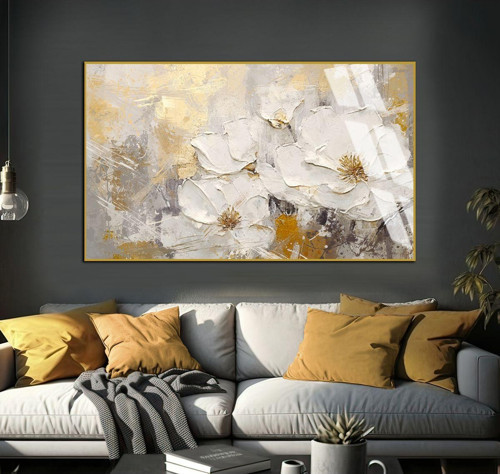 Soft Beyaz - Gold Çiçek Şekil 001 Çerçeveli Temperli Cam Tablo Tekli Yatay