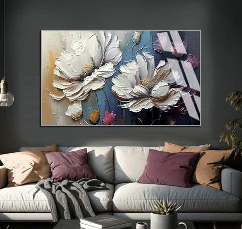 Soft Mürdüm - Sarı Çiçek Desenli Model 1 Çerçeveli Temperli Cam Tablo Tekli Yatay