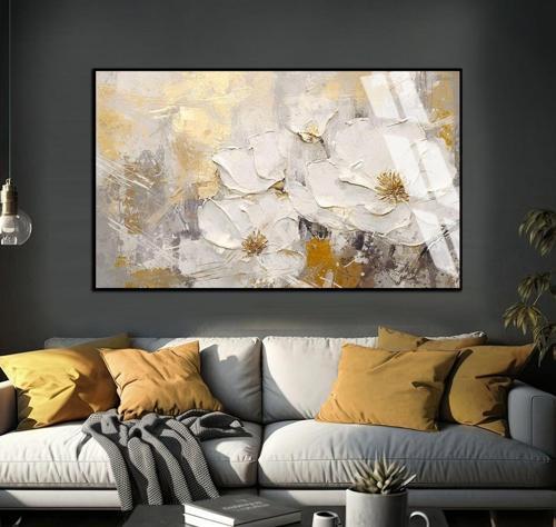 Soft Beyaz - Gold Çiçek Şekil 001 Çerçeveli Temperli Cam Tablo Tekli Yatay