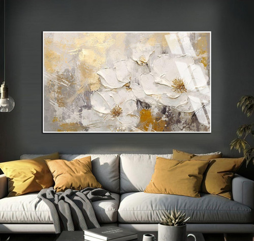 Soft Beyaz - Gold Çiçek Şekil 001 Çerçeveli Temperli Cam Tablo Tekli Yatay