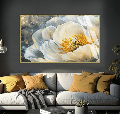 Soft Beyaz - Gold Çiçek Şekil Çerçeveli Temperli Cam Tablo Tekli Yatay