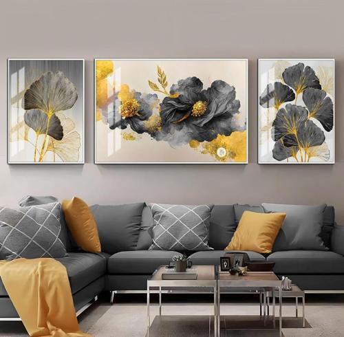 Soft Gold - Siyah Sevilen Çiçek Yaprak Kombini Çerçeveli Temperli Cam Tablo 3'Lü Yatay