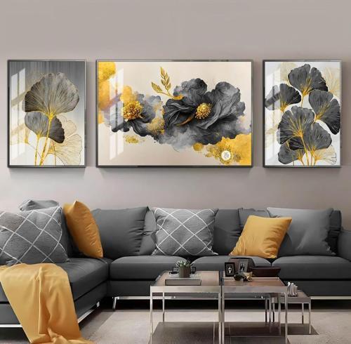 Soft Gold - Siyah Sevilen Çiçek Yaprak Kombini Çerçeveli Temperli Cam Tablo 3'Lü Yatay
