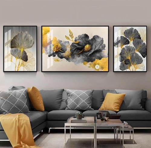 Soft Gold - Siyah Sevilen Çiçek Yaprak Kombini Çerçeveli Temperli Cam Tablo 3'Lü Yatay