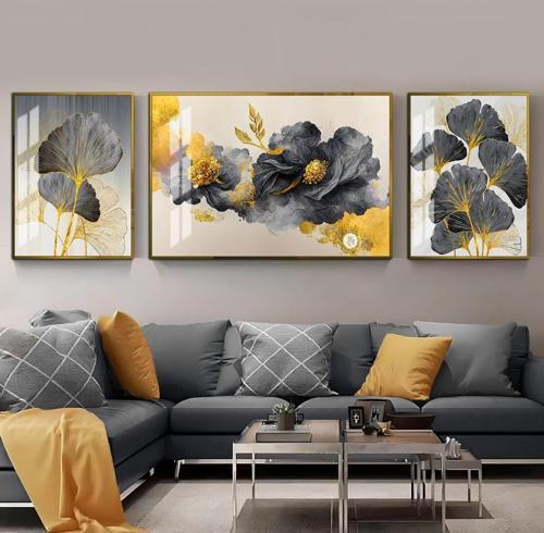 Soft Gold - Siyah Sevilen Çiçek Yaprak Kombini Çerçeveli Temperli Cam Tablo 3'Lü Yatay