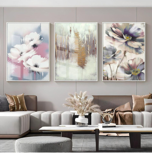 Soft Pembe - Beyaz Soyut Çiçek Kombini Çerçeveli Cam Tablo 3'Lü Dikey