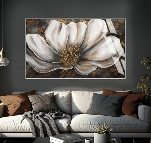 Soft Gri - Gold Çiçekli Soyut Modeli Iı Çerçeveli Temperli Cam Tablo Tekli Yatay
