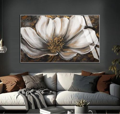 Soft Gri - Gold Çiçekli Soyut Modeli Iı Çerçeveli Temperli Cam Tablo Tekli Yatay