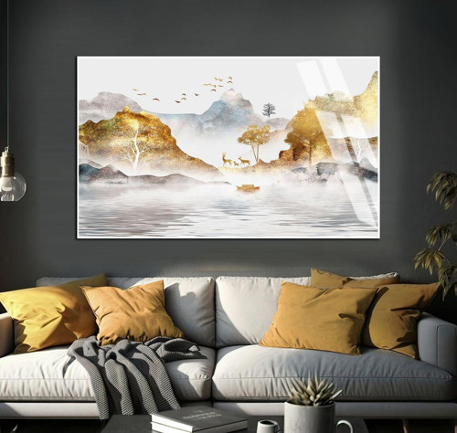 Soft Beyaz - Gold Dağ Manzara Modeli Çerçeveli Temperli Cam Tablo Tekli Yatay