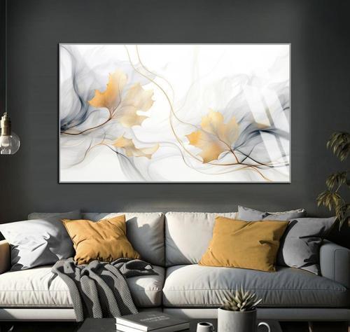 Soft Beyaz - Gold Soyut Yapraklı Şekil Çerçeveli Temperli Cam Tablo Tekli Yatay