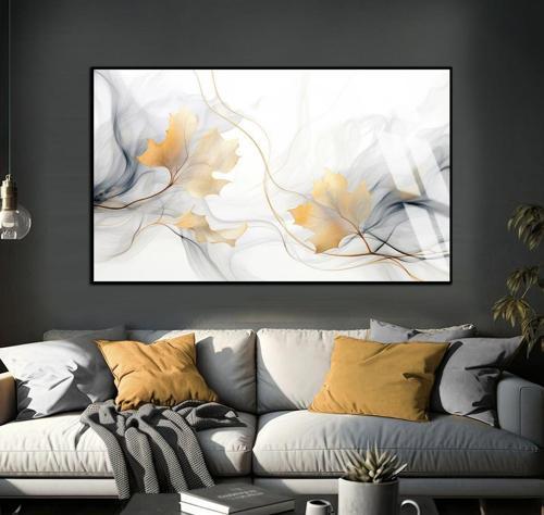 Soft Beyaz - Gold Soyut Yapraklı Şekil Çerçeveli Temperli Cam Tablo Tekli Yatay