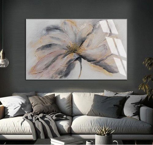 Soft Gri - Gold Soyut Çiçekli Şekil Çerçeveli Temperli Cam Tablo Tekli Yatay