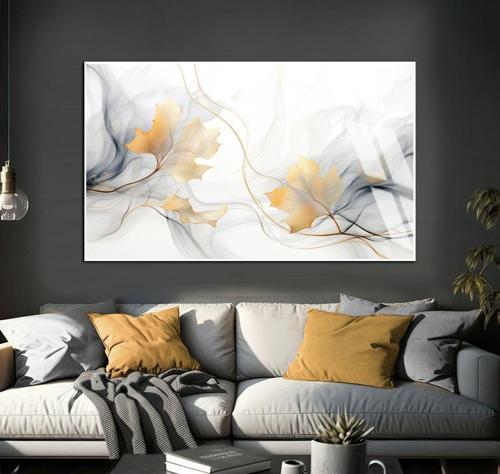Soft Beyaz - Gold Soyut Yapraklı Şekil Çerçeveli Temperli Cam Tablo Tekli Yatay