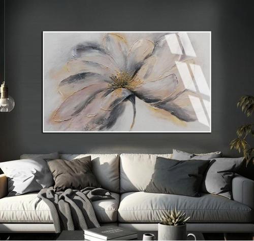 Soft Gri - Gold Soyut Çiçekli Şekil Çerçeveli Temperli Cam Tablo Tekli Yatay