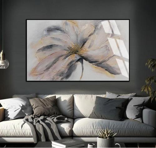 Soft Gri - Gold Soyut Çiçekli Şekil Çerçeveli Temperli Cam Tablo Tekli Yatay