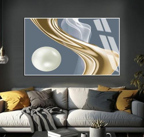 Soft Mavi - Gold İnci Desen Soyut Şekil 01 Çerçeveli Temperli Cam Tablo Tekli Yatay