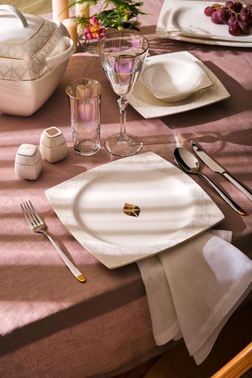 Fine Bone Golden Leaf Yemek Takımı 60 Parça Gold Kare
