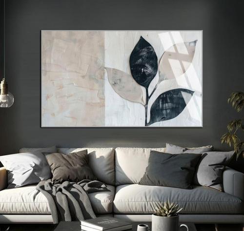 Soft Siyah Bej Soyut Yaprak Desenli Modeli Çerçeveli Temperli Cam Tablo Tekli Yatay