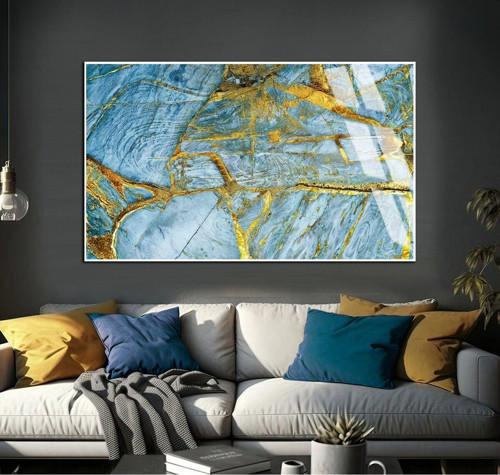 Turkuaz - Gold Marble Soyut Modeli Çerçeveli Temperli Cam Tablo Tekli Yatay