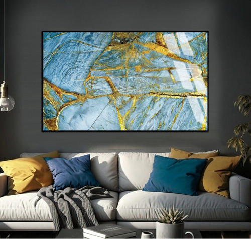 Turkuaz - Gold Marble Soyut Modeli Çerçeveli Temperli Cam Tablo Tekli Yatay