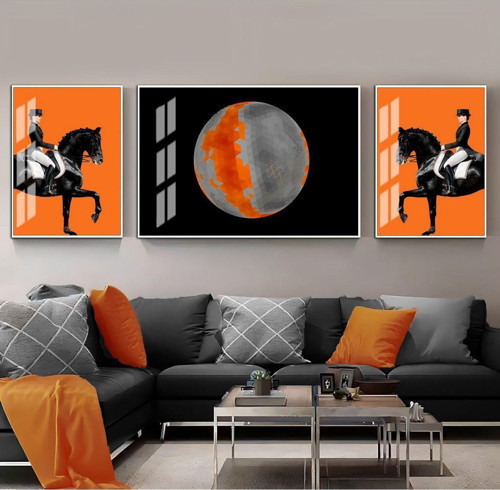 Turuncu Siyah Renk Kadın Jokey Kombini Çerçeveli Temperli Cam Tablo 3'Lü Yatay