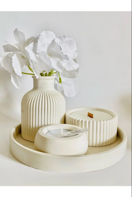 Beyaz Vazo Oval Tepsi Kutuda Mum Ve Tealight Mumluk Dekorasyon Seti.