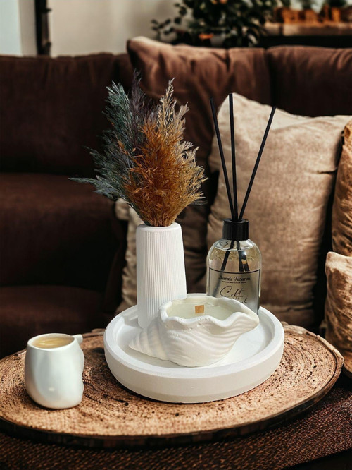 Beyaz Renk Özel Tasarım Fresh Oda Kokulu Ve Deniz Kabuğu Mum Çizgili Vazo Standlı Aksesuar Seti