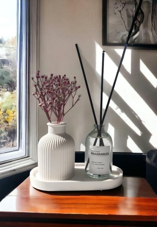 Dekoratif Mini Kuru Çiçek Pampas Vazosu Fresh Oda Kokusu Set ( 100 Ml Koku Dahildir )